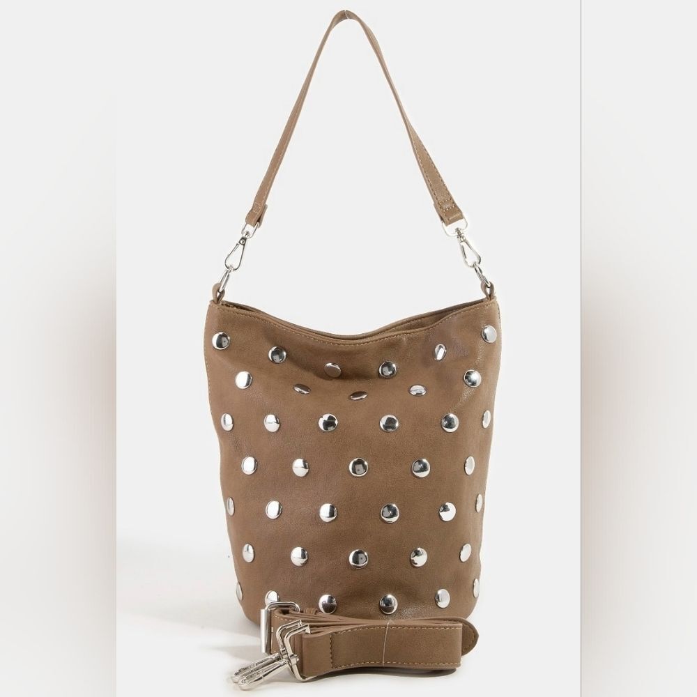 Fame Casual Studded Faux Leather Taupe Or Tan Bucket Bag